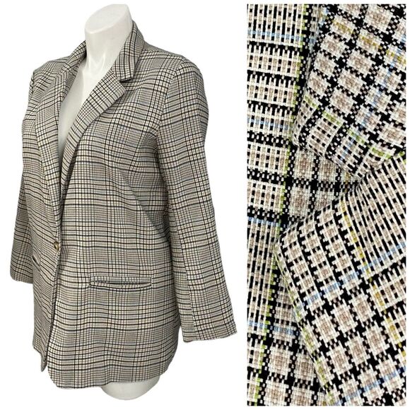 SO Blazer Womens Large Light Academia Jacket Work Office Casual Preppy Tan Plaid - Picture 14 of 16